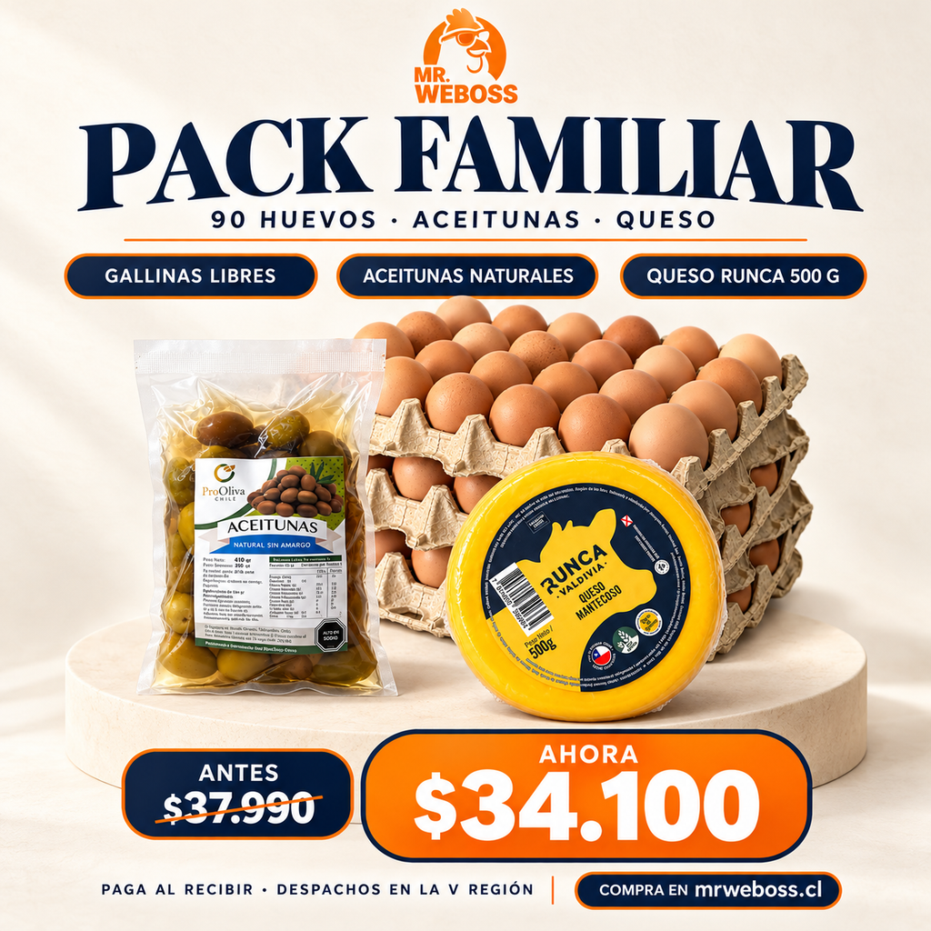 Pack Familiar · 90 huevos + queso + aceitunas