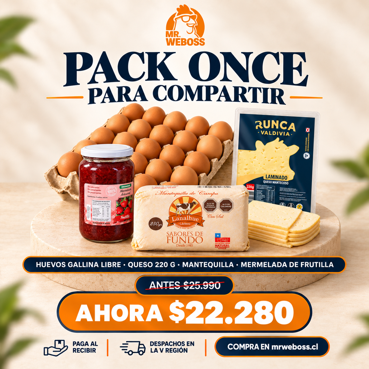 Pack Once · huevos + queso + mermelada + mantequilla